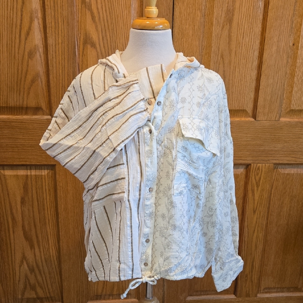 Dual Pattern Gauzy Hooded Oversized Button-Up Blouse